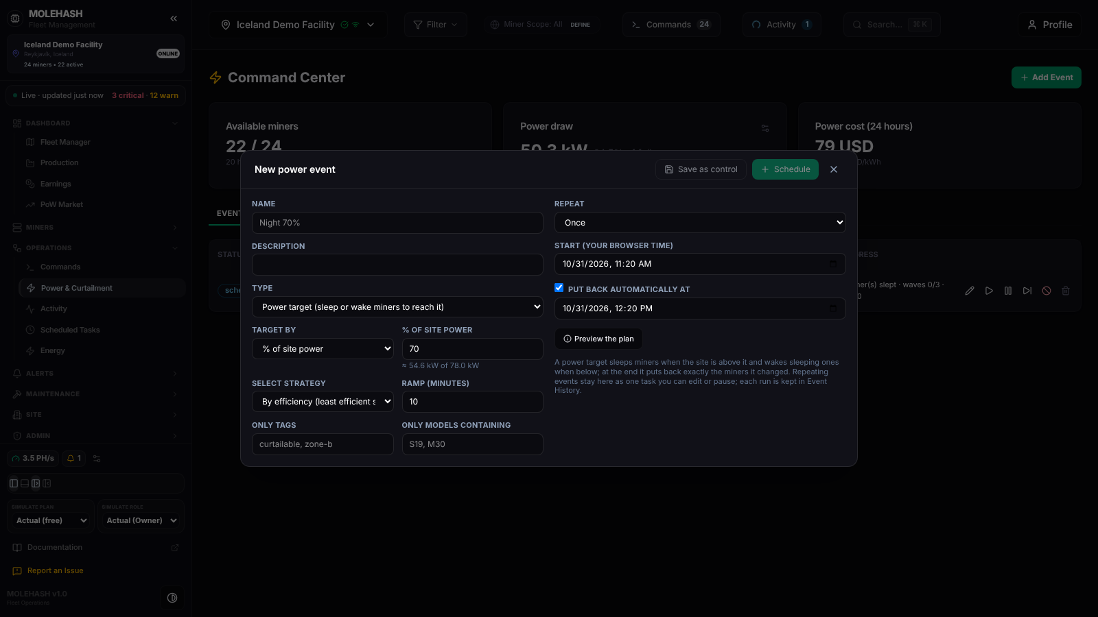 New power event dialog