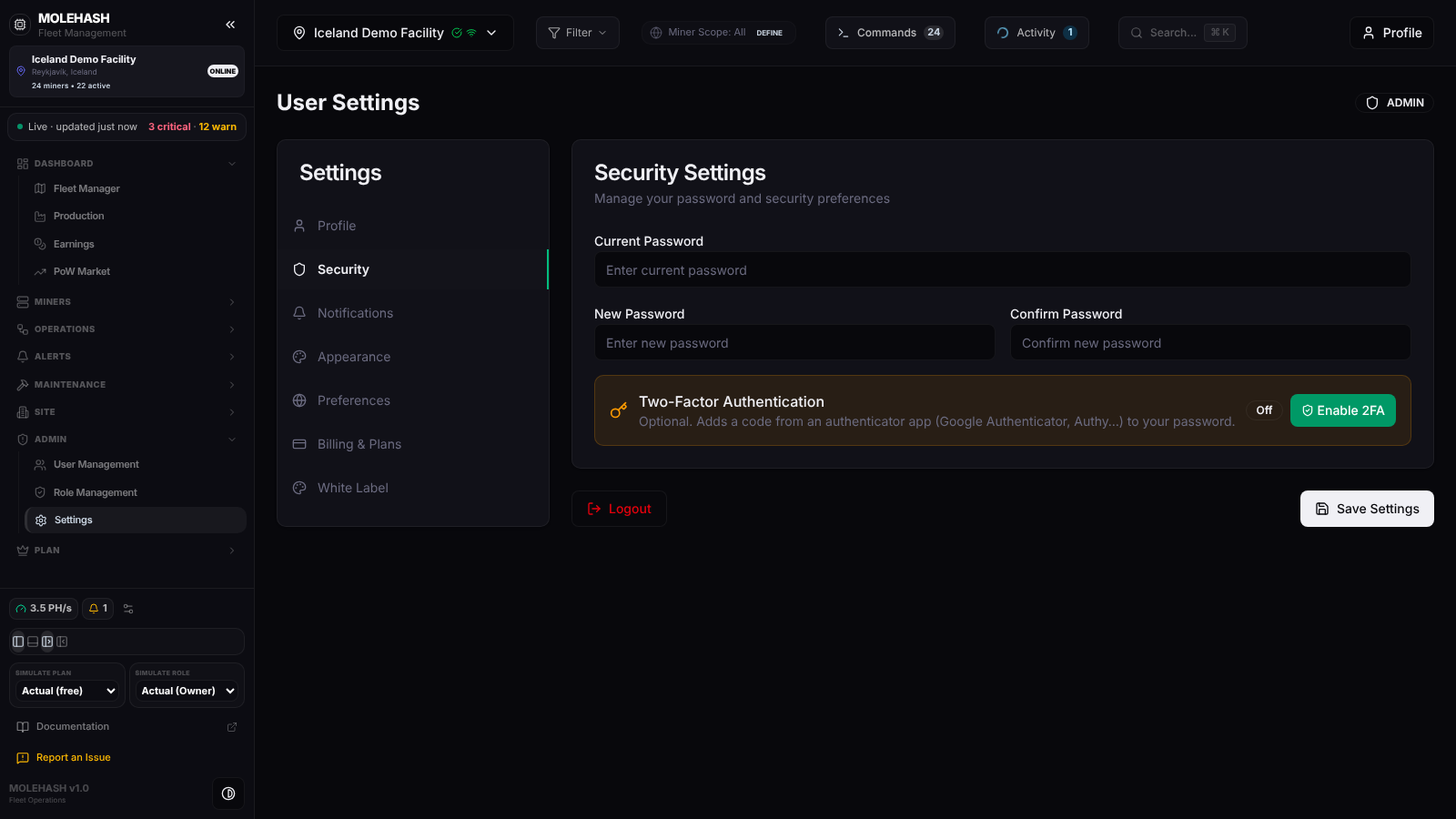 User Settings, Security tab