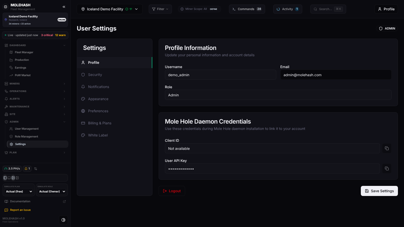 User Settings, Profile tab