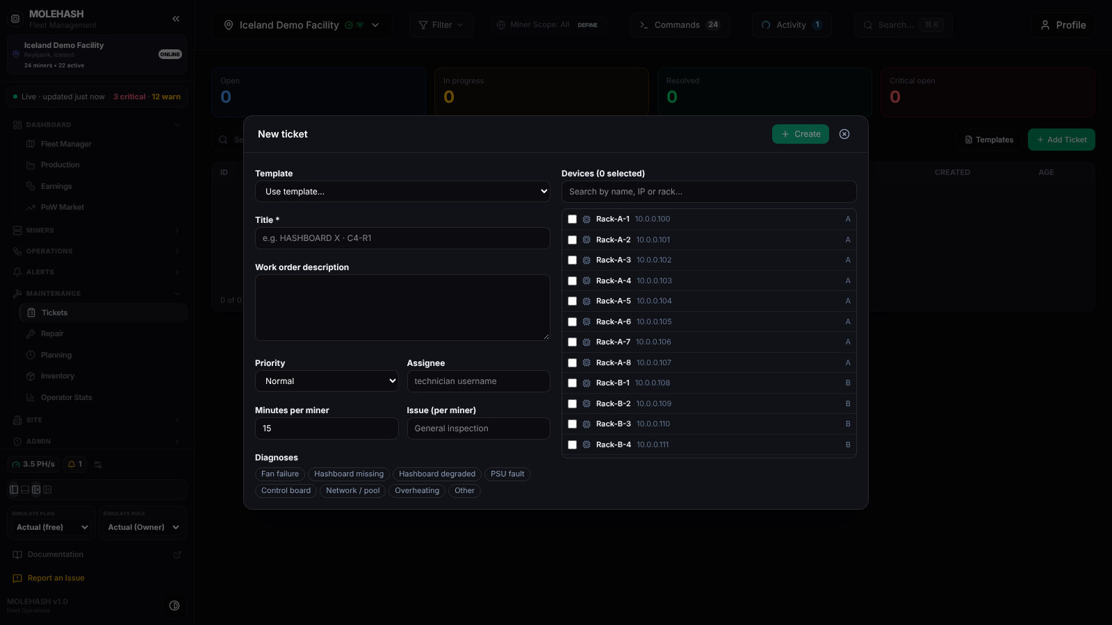 New ticket dialog